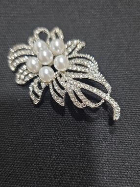 Silverplated Faux Pearl & Cubic Zirconia Floral Statement Brooch Pin